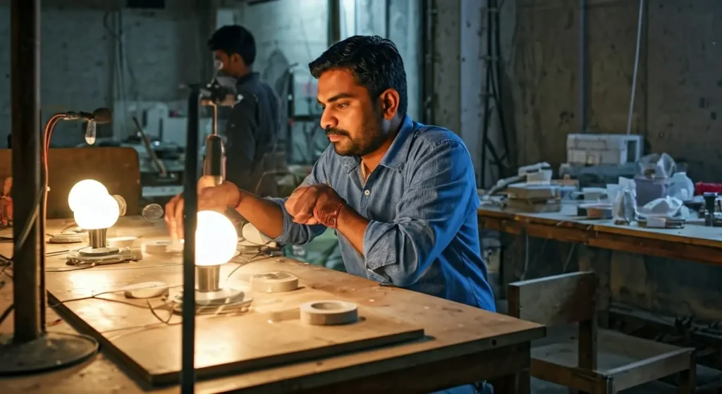 Man working on LED lighting prototypes in a workshop setting.