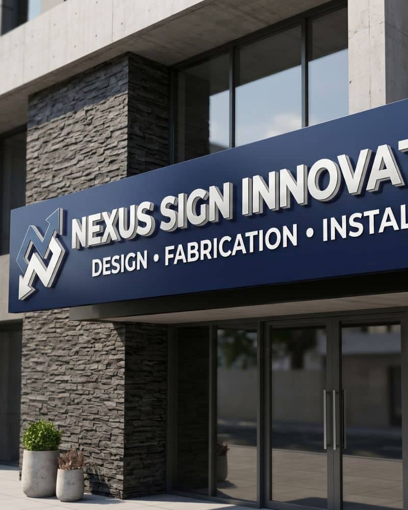 Modern commercial signboard for Nexus Sign Innovation on building exterior.