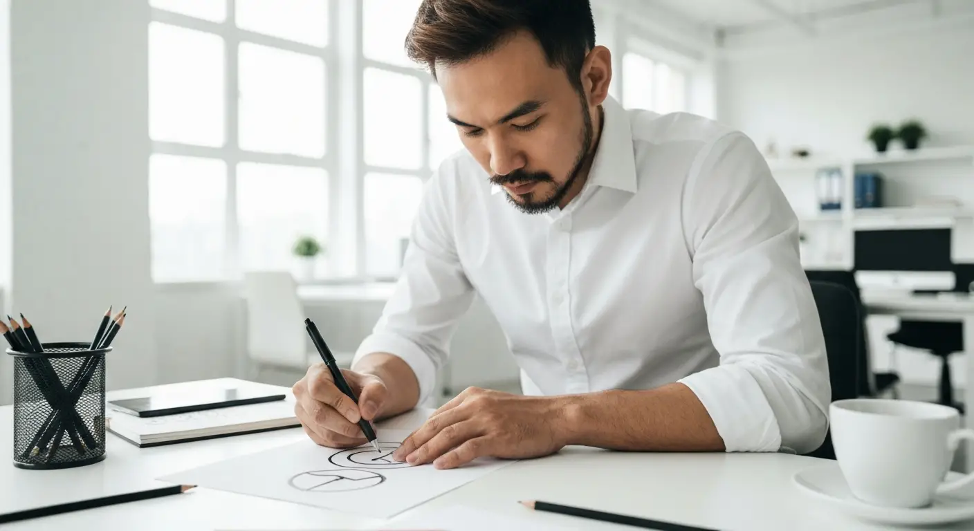 Man designing LED lighting on paper in a bright, modern office setting.