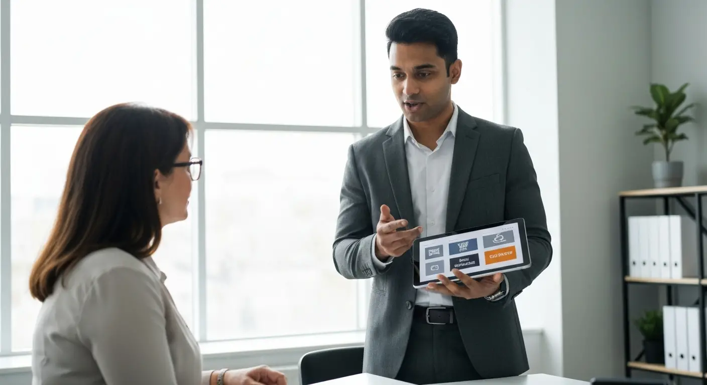 Businessman presenting digital tablet to a woman in a modern office setting.