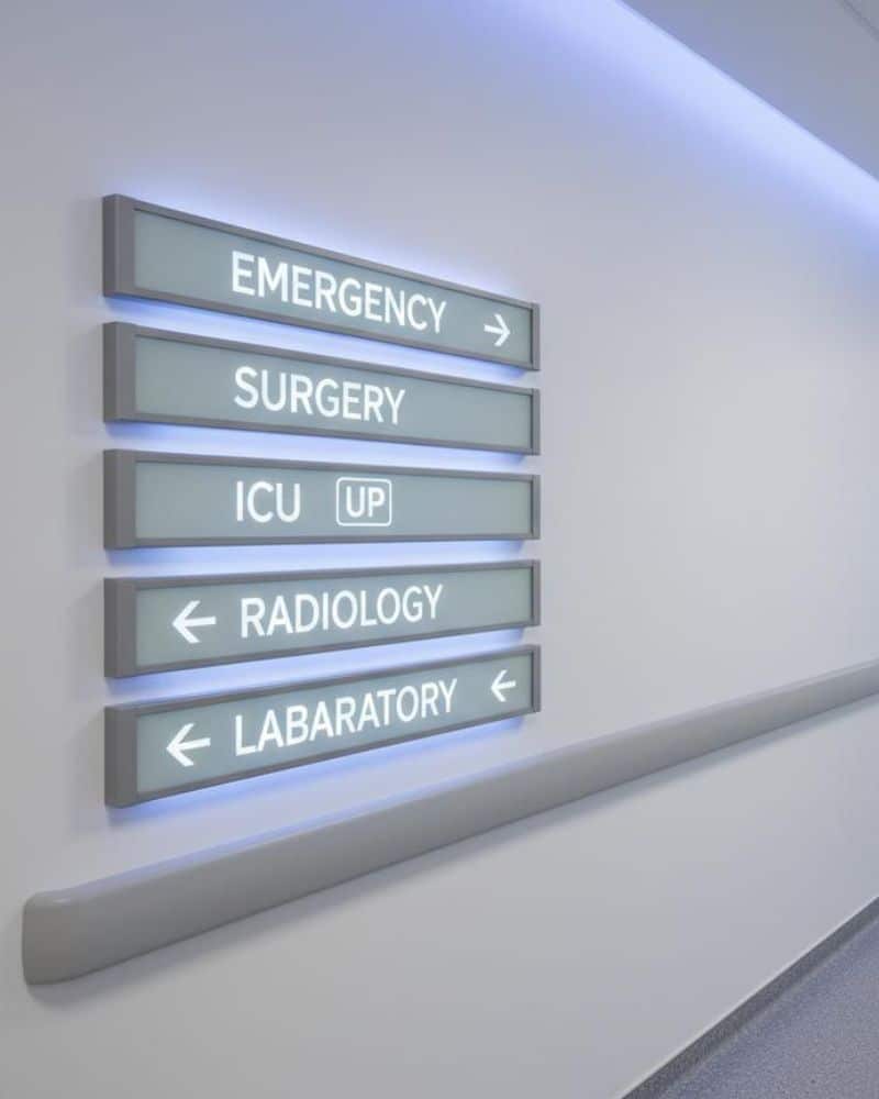 Emergency and hospital directional signs for medical departments and facilities.