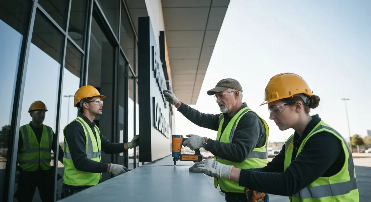 LED lighting installation on commercial building exterior for enhanced visibility.