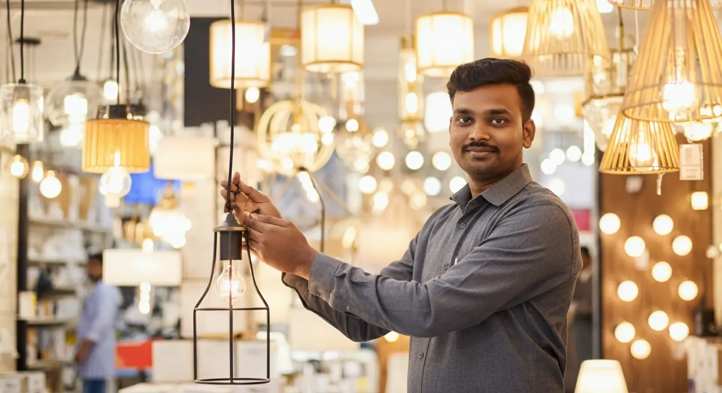 Man showcasing stylish LED lamps in a lighting store.