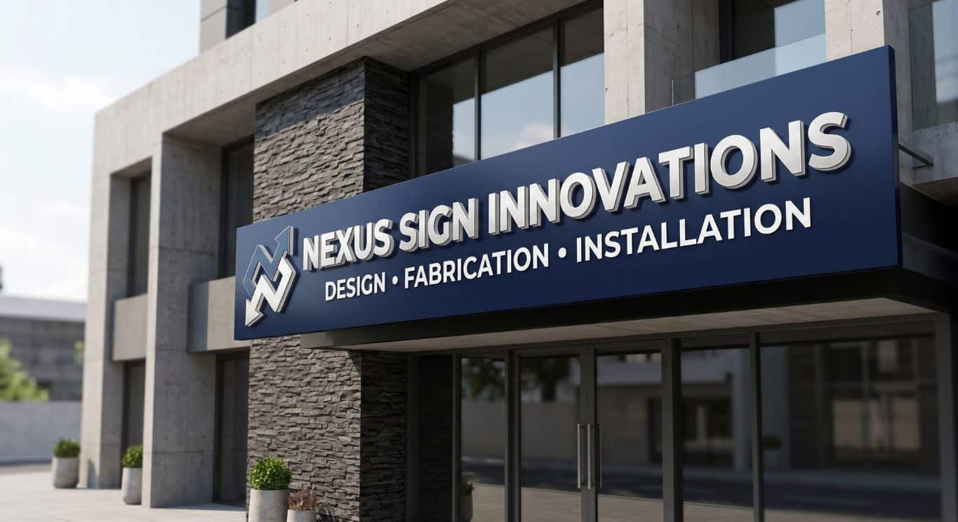 Modern commercial signboard for Nexus Sign Innovations on building facade.