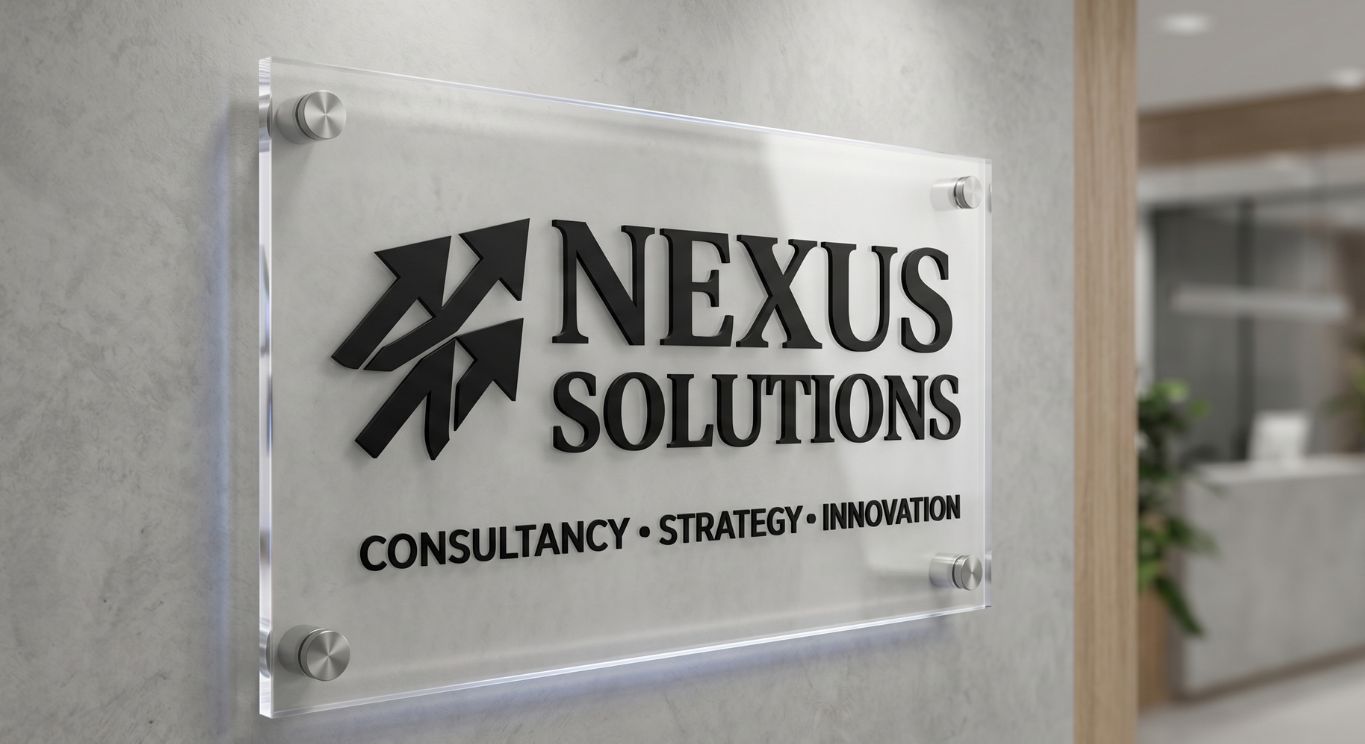 Modern Nexus Solutions office sign with company logo and branding.