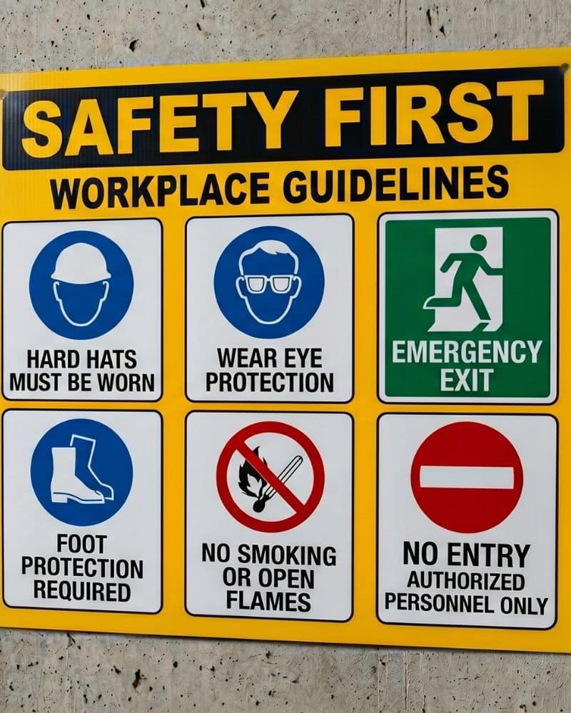 Workplace safety sign with PPE, exit, and fire safety instructions.